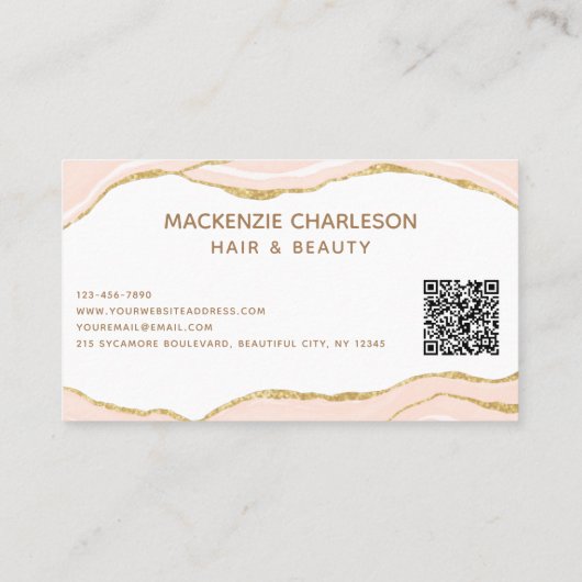 Blush Roze Marmer Agaat Goud Glitter QR Code Visitekaartje (Achterkant)