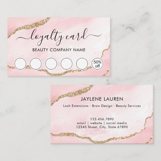 Blush roze marmer Agate Script Loyalty-kaart Visitekaartje (Voorkant / Achterkant)