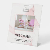 Blush roze marmer business foto welkom reclamebord met voetstuk (Voorkant)
