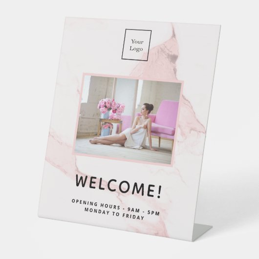 Blush roze marmer business foto welkom reclamebord met voetstuk (Voorkant)