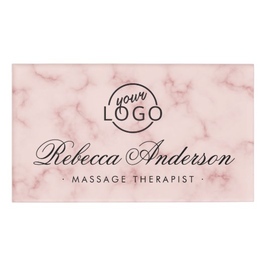 Blush roze marmer elegant script custom logo naambadge (Voorkant)