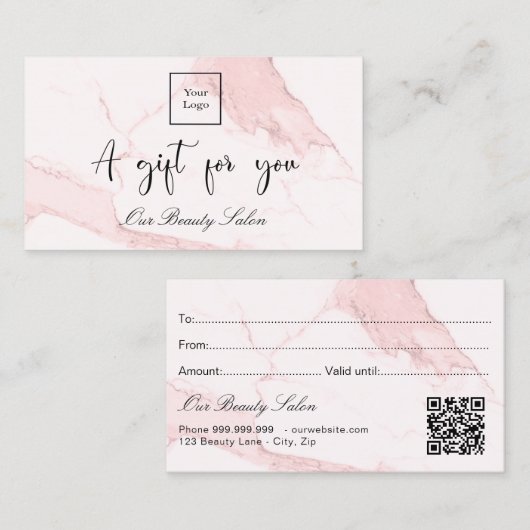 Blush roze marmer logo qr code gift certificaat (Voorkant / Achterkant)