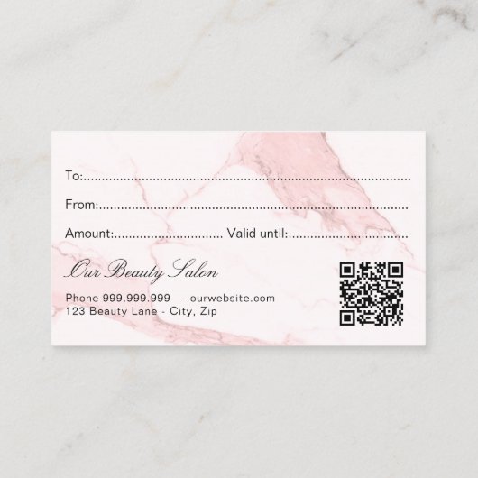 Blush roze marmer logo qr code gift certificaat (Achterkant)