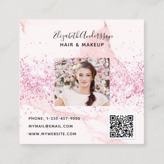 Blush roze marmer profiel foto qr code vierkante visitekaartje (Achterkant)