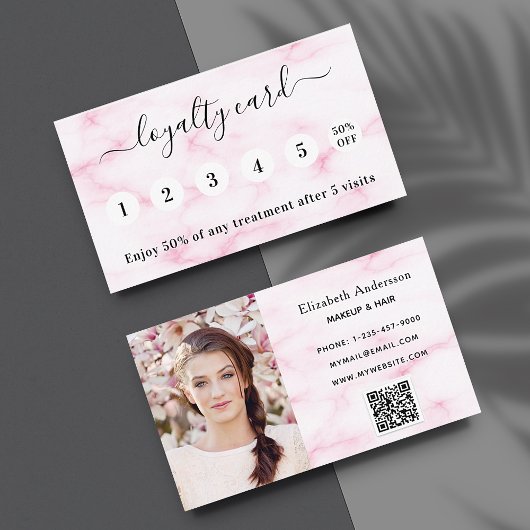 Blush roze marmer qr code foto elegant klantenkaartje
