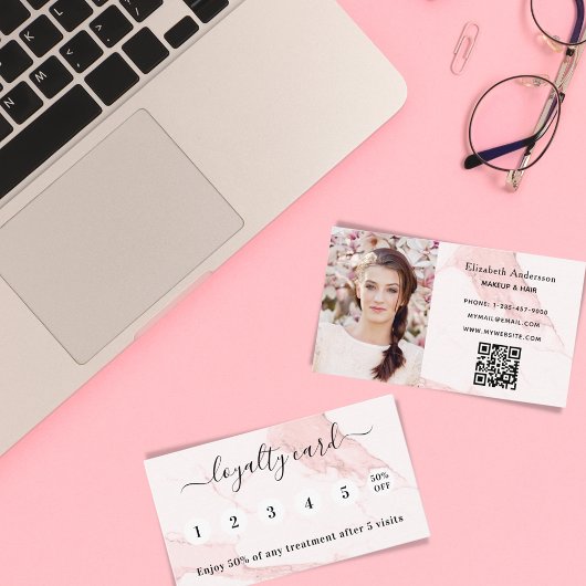 Blush roze marmer qr code foto loyalty card visitekaartje