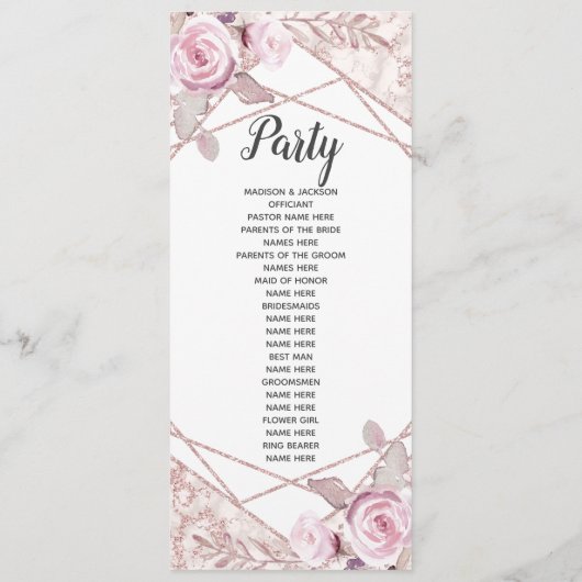 Blush Roze Marmeren Lijst Flora Trouwprogramma Programmakaart (Achterkant)