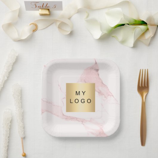 Blush roze marmering business logo papieren bordje (Huwelijk)