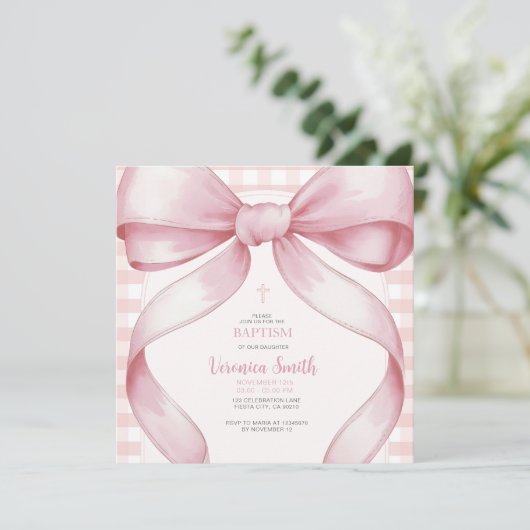 Blush roze meisje doopBow Pearl Ketting Kaart (Staand voorkant)