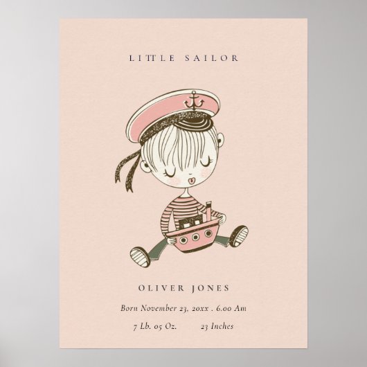Blush roze meisje Little Sailor Nautical Birth Sta Poster (Voorkant)