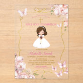 Blush roze meisje met Bijbel Eerste Heilige Commun Acryl Uitnodigingen (Voorkant)