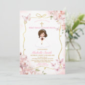 Blush roze meisje met Bijbel Eerste Heilige Commun Kaart (Staand voorkant)
