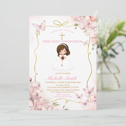 Blush roze meisje met Bijbel Eerste Heilige Commun Kaart (Staand voorkant)