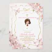 Blush roze meisje met Bijbel Eerste Heilige Commun Kaart (Voorkant / Achterkant)