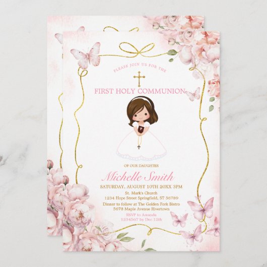 Blush roze meisje met Bijbel Eerste Heilige Commun Kaart (Voorkant / Achterkant)