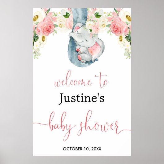 Blush roze meisje olifant baby shower welkom bord poster (Voorkant)