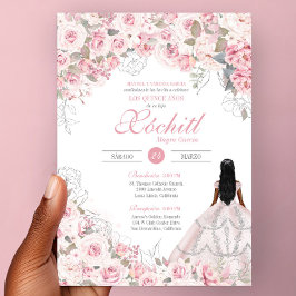 Blush Roze met Silver Blossom Roos Quinceanera Kaart