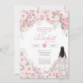 Blush Roze met Silver Blossom Roos Quinceanera Kaart (Voorkant)