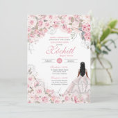 Blush Roze met Silver Blossom Roos Quinceanera Kaart (Staand voorkant)