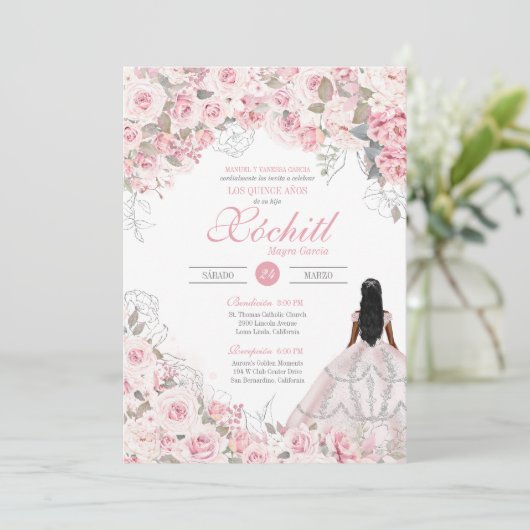 Blush Roze met Silver Blossom Roos Quinceanera Kaart (Staand voorkant)