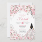 Blush Roze met Silver Blossom Roos Quinceanera Kaart (Voorkant)