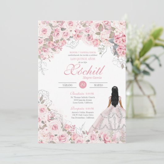 Blush Roze met Silver Blossom Roos Quinceanera Kaart (Staand voorkant)