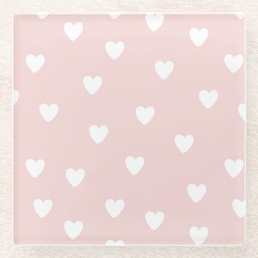 Blush roze met witte harten glazen onderzetter (Voorkant)