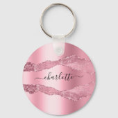 Blush roze metal agate marble name script sleutelhanger (Voorkant)
