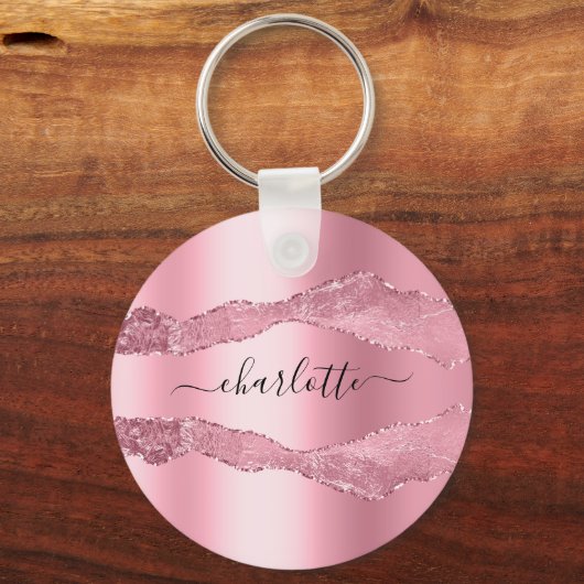 Blush roze metal agate marble name script sleutelhanger (Achterkant)
