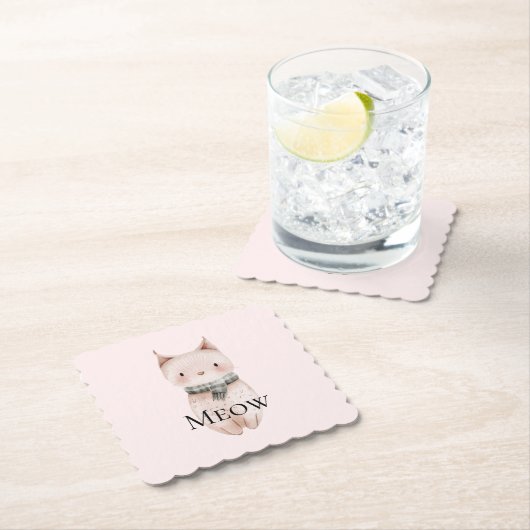 Blush Roze Miauw Kerstmis Kat Deer Snowman Kartonnen Onderzetters (Insitu)