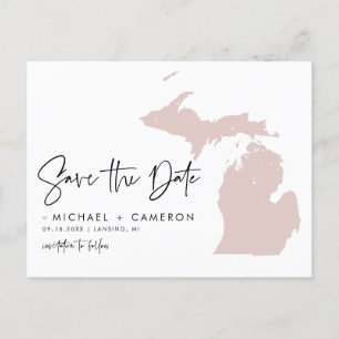 Blush roze Michigan Map Modern Save the Date Aankondigingskaart