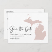 Blush roze Michigan Map Modern Save the Date Aankondigingskaart (Voorkant / Achterkant)
