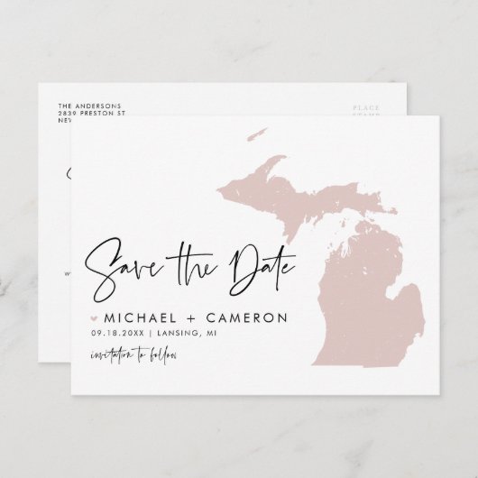 Blush roze Michigan Map Modern Save the Date Aankondigingskaart (Voorkant / Achterkant)