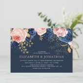 Blush Roze & Midnight Navy Bloemen Elegante bruilo Kaart (Staand voorkant)