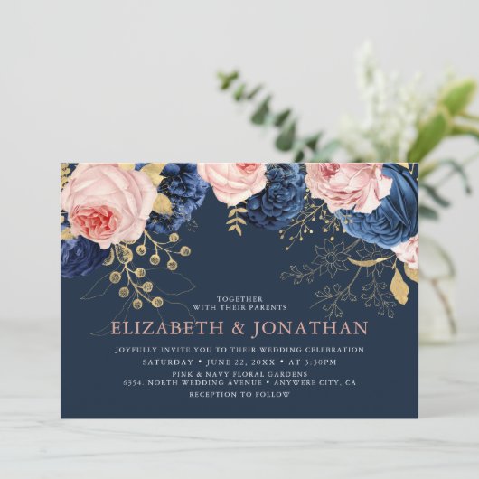 Blush Roze & Midnight Navy Bloemen Elegante bruilo Kaart (Staand voorkant)