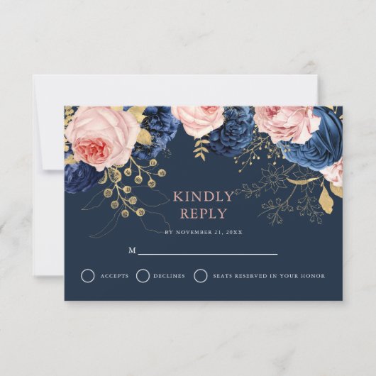 Blush Roze & Midnight Navy Bloemen Elegante bruilo RSVP Kaartje (Voorkant)