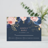 Blush Roze & Midnight Navy Bloemen Elegante bruilo RSVP Kaartje (Staand voorkant)
