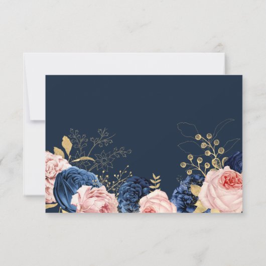 Blush Roze & Midnight Navy Bloemen Elegante bruilo RSVP Kaartje (Achterkant)