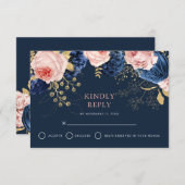 Blush Roze & Midnight Navy Bloemen Elegante bruilo RSVP Kaartje (Voorkant / Achterkant)