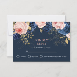 Blush Roze & Midnight Navy Bloemen Elegante bruilo RSVP Kaartje