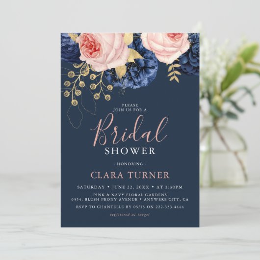 Blush Roze & Midnight Navy Florals Vrijgezellenfee Kaart (Staand voorkant)