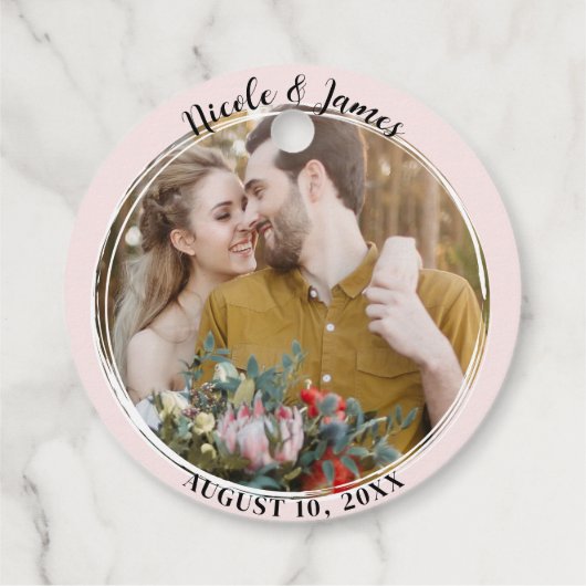 Blush Roze Minimaal Trendy Ronde Foto Bruiloft Bedankjes Labels (Achterkant)