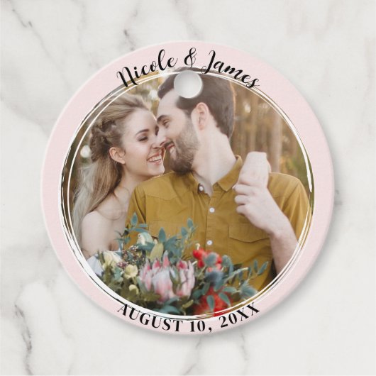 Blush Roze Minimaal Trendy Ronde Foto Bruiloft Bedankjes Labels (Voorkant)