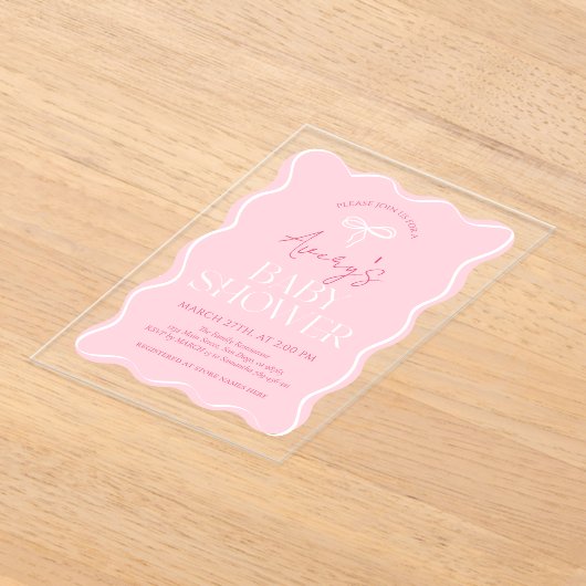 Blush Roze Minimal Modern Bow Baby Meisje Douche Acryl Uitnodigingen (Laagn)