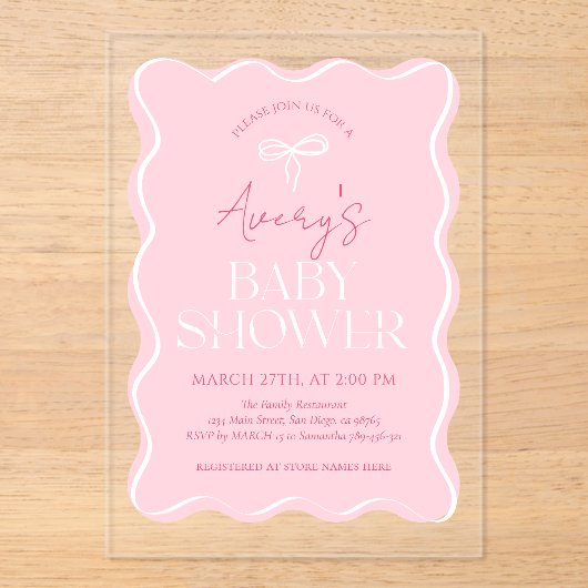 Blush Roze Minimal Modern Bow Baby Meisje Douche Acryl Uitnodigingen (Voorkant)