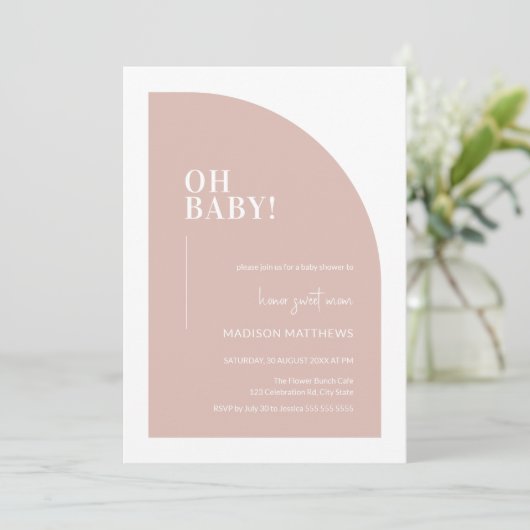 Blush Roze minimale halve Arch Oh Baby shower Kaart (Staand voorkant)