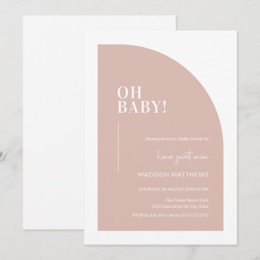 Blush Roze minimale halve Arch Oh Baby shower Kaart (Voorkant / Achterkant)