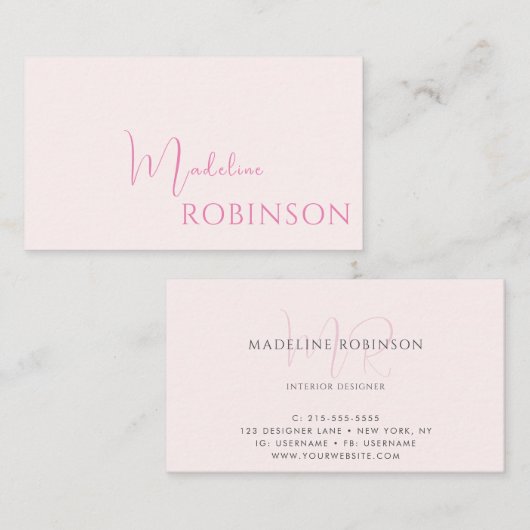 Blush roze minimalistisch modern script visitekaartje (Voorkant / Achterkant)