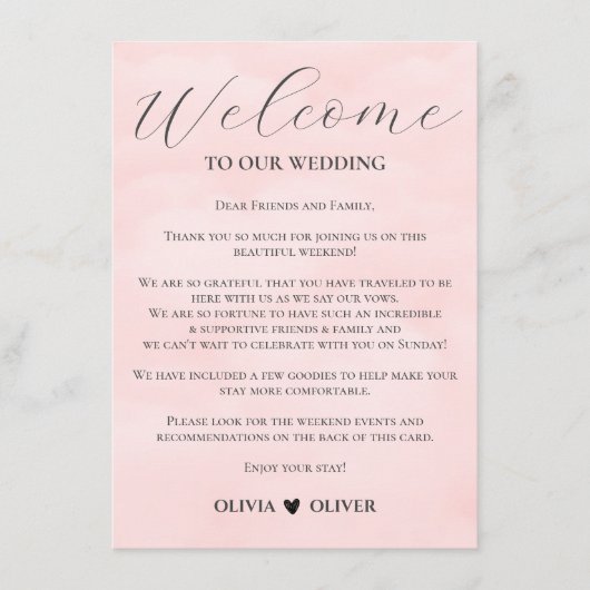 Blush roze minimalistische bruiloft weekend route informatiekaartje (Voorkant)