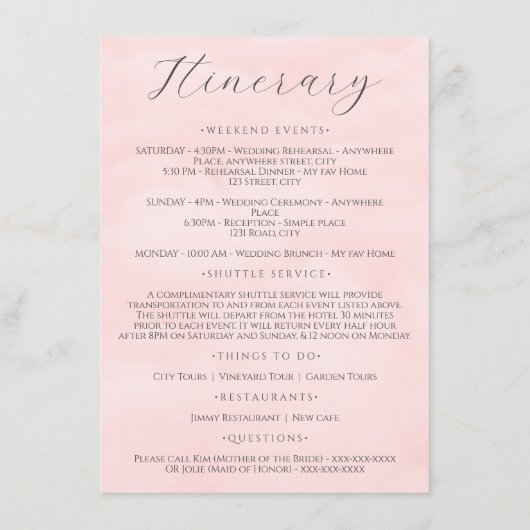 Blush roze minimalistische bruiloft weekend route informatiekaartje (Achterkant)